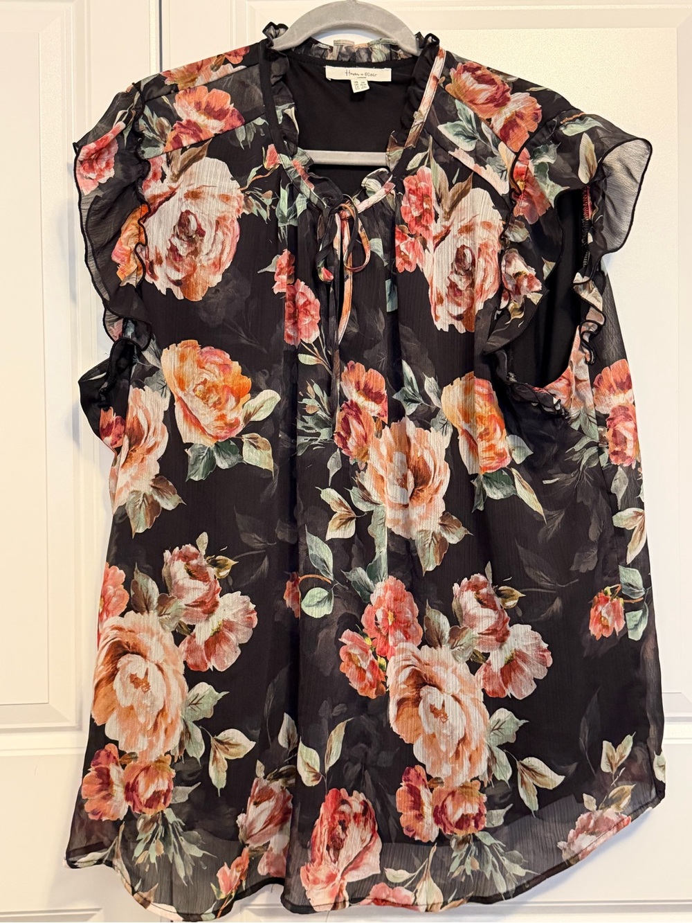 Haver & Blair Black Floral Tie-Neck Blouse with Coral Roses